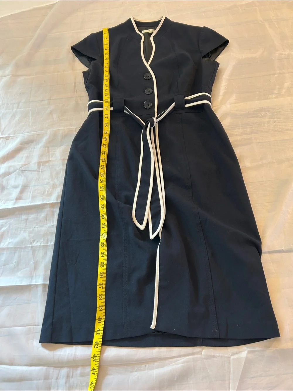 Sold Sandra Darren Black Midi Dress with White Trim and Belt